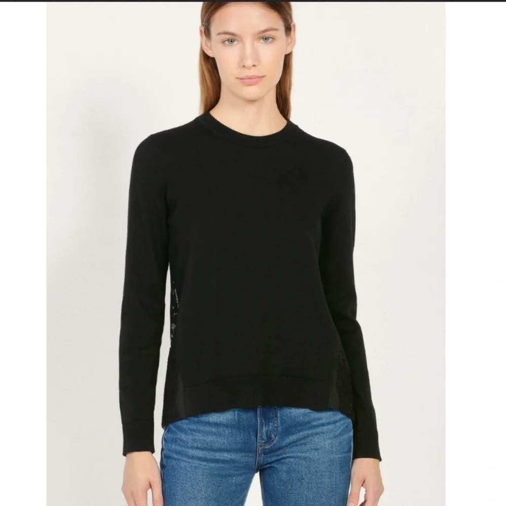 Sandro Paris -Black Merino Wool Knit Sweater with Lace Hem Inserts
